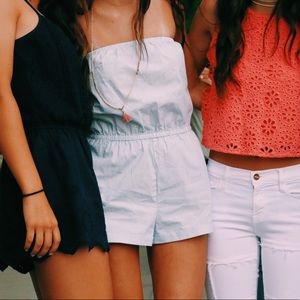 Light blue and white striped strapless romper